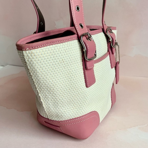 COACH Pink Tote Cream Woven Straw Handbag B04K4467 - Picture 2 of 8